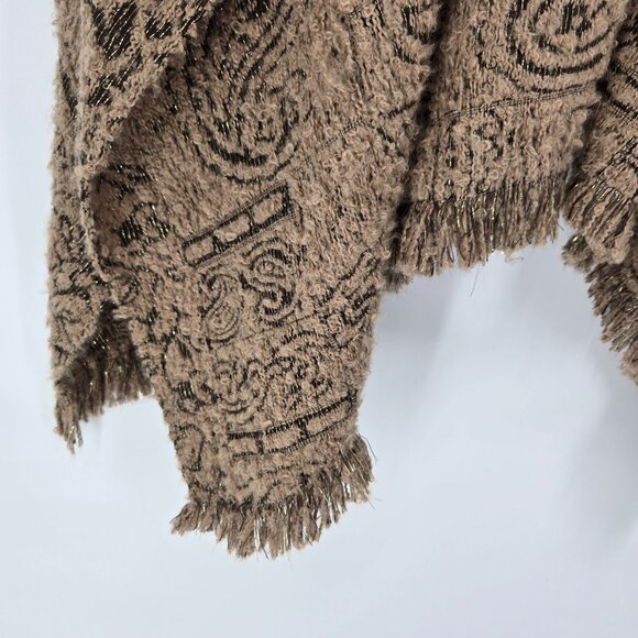 Chicos one size gold metallic floral paisley poncho cape shawl fringe hem - Picture 11 of 13